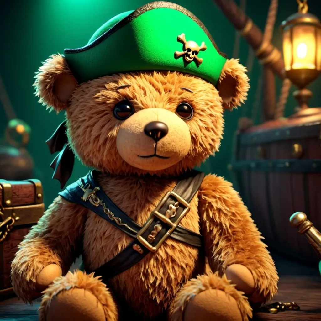 Prompt: Create a 3D render of a brown friendly teddy bear. It must be wearing a pirate hat and an eye patch. The pirate hat should be emerald green.