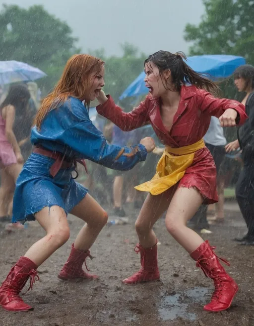 Prompt: Good Lighting, Bright, Daylight, two young women fighting at a costume party, Girls Catfight on ground, Outdoor, raining, grappling and fighting with torn clothes, ,photorealistic, vibrant colors, dynamic action, intense expressions, high drama, chaotic atmosphere,  warm lighting, ultra-detailed, high-definition, cinematic quality.