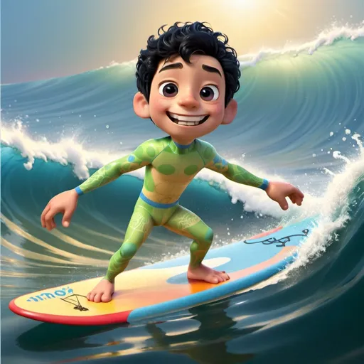 Prompt: smiling boy with black hair, surffingon a surffing board, wearing surffing suit, full body, no background

