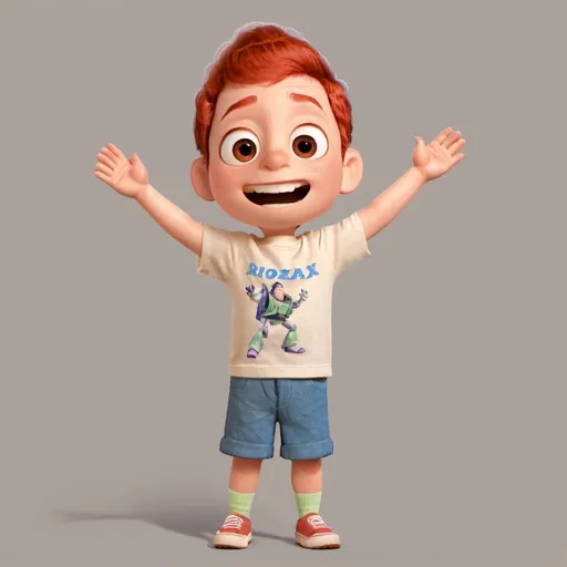 Prompt: happy boy, right hand raised straight up, left hand down, on t-shirt and shorts, full body, no background