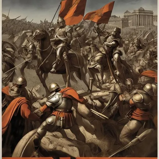 Prompt: A poster showing why rome was better as an empire. A poster that shows a person leading an army into battle.
