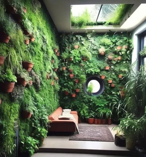 Prompt: /imagine create a very earth style house 1 bedroom with green growing walls 