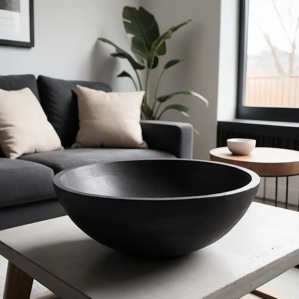 Prompt: Image of black concrete bowl on coffee table in minimalist setting 