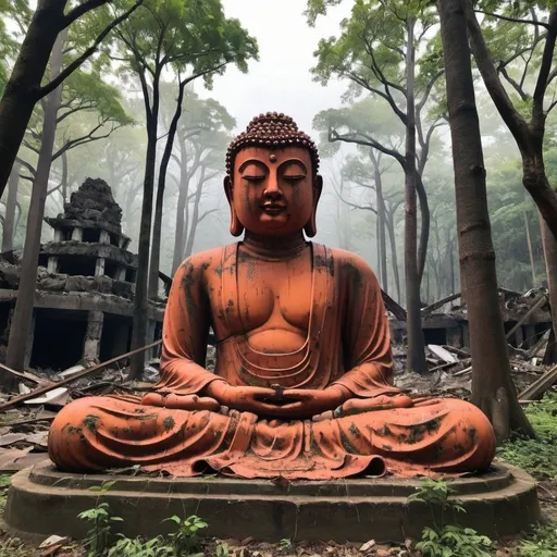 Prompt: gritty neon buddha in a forest of ruins 
