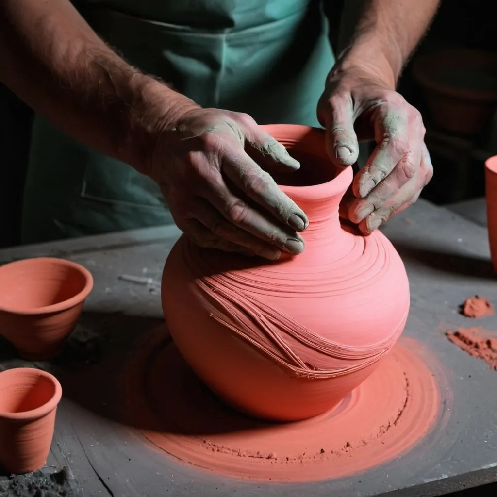 Prompt: hands working in clay making vase in neon 