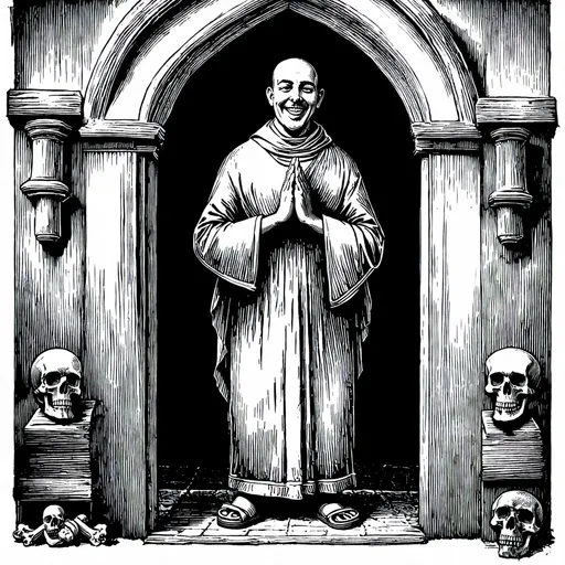 Prompt: Medieval woodcut illustration of a mischievous Christian monk, Romanesque church doorway, upward gaze, folded hands in prayer, skulls and bones, sandals, high contrast, detailed woodcut style, monochromatic, atmospheric lighting, aged texture, high quality, detailed illustration, medieval, mischievous smile