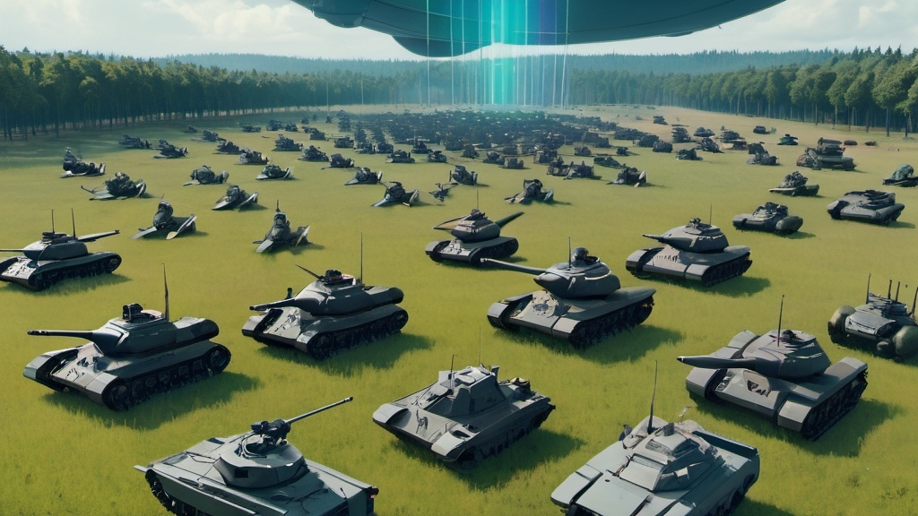 Prompt: a large group of tanks and planes in a field with trees in the background and a plane flying over them, Beeple, sots art, war, computer graphics