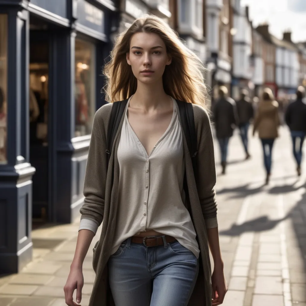Prompt: Tall young woman walking down the high street, detailed clothing, realistic, natural lighting