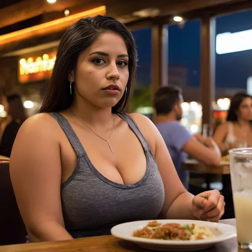 Prompt: Thick Latina in tank top in a restaurant night time with people in background sitting and eating 