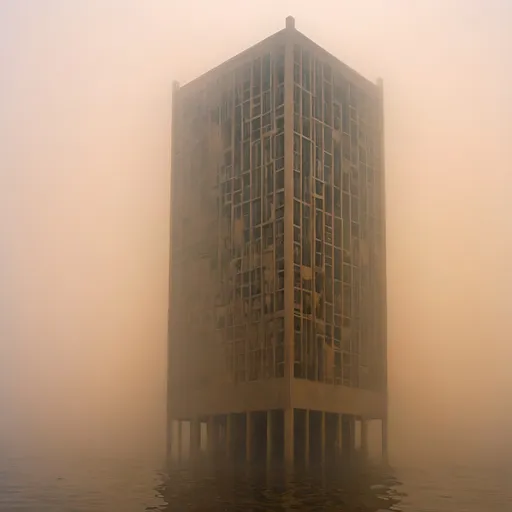 Prompt: un monde à l'architecture dévastée baignant dans la brume  