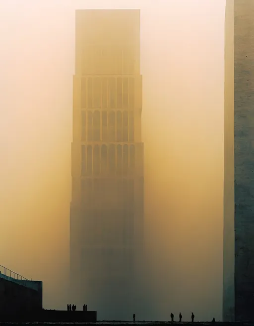 Prompt: un monde à l'architecture dévastée baignant dans la brume  