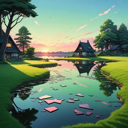 Prompt: Miyazaki-style landscape with mirror shards, sunset, peaceful lake, green grass, cottage, high contrast, light variation, detailed reflections, serene atmosphere, high quality, vibrant colors, anime, fantasy, surreal, giant mirror shards, peaceful lake, green grass, cottage, sunset, detailed reflections, serene atmosphere, vibrant colors, completely black blobs shaped like a Rorschach test