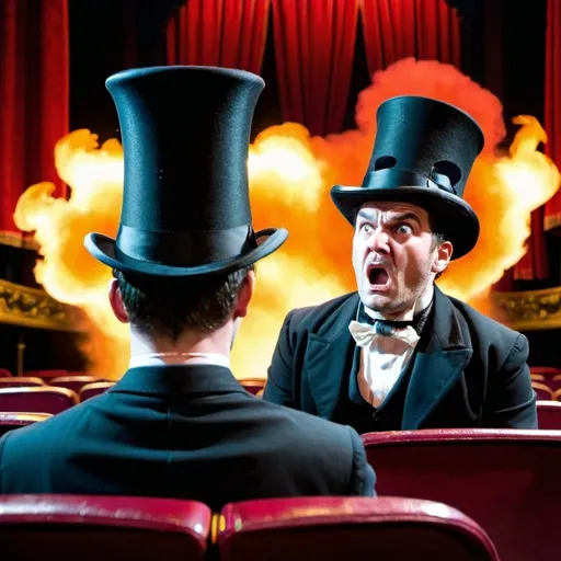 Prompt: A man wearing a massive top hat watching theatre, man behind him is very angry because the hot is blocking his view