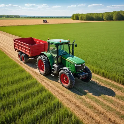 Prompt: (agricultural tractor), green like John Deere, pulling a red trailer, in a sunlit cereal field, vibrant colors, detailed landscape, bright blue sky, (high angle perspective), warm atmosphere, lush greenery, ultra-detailed, realistic lighting, farm setting, peaceful rural environment, rich textures, minimalist focus on agriculture.