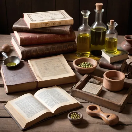 Prompt: Old soap making tools and books: An image of old soap making tools such as wooden molds, scales and old books on a classic table. One of the books is open and the texts about olive oil are visible. This image would give the article an authentic feel and emphasize the importance of historical sources.
