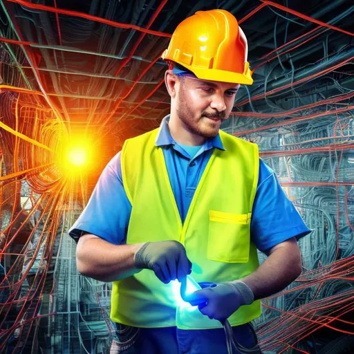 Prompt: High-quality digital illustration of a skilled electrician, vibrant safety vest, handling electrical and network cables, focus on work safety, professional electrical work, realistic digital art, bright and vibrant colors, detailed tools and equipment, industrial setting, advanced technology, highres, skilled electrician, network cable, electrical cable, work safety, professional, digital art, industrial, vibrant colors, detailed tools, advanced technology
