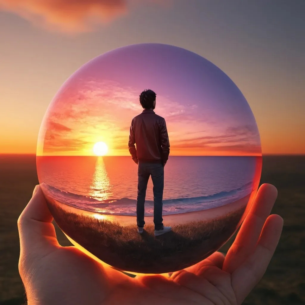 Prompt: a person with a 3D sunset view image