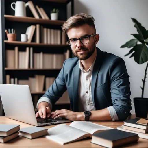 Prompt: professional male freelance copywriter at a desk with a laptop and books