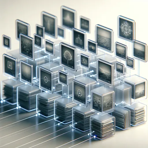 Prompt: A row of memories, captured in square archives (resembling social media posts) displayed on ethereal screens linked together