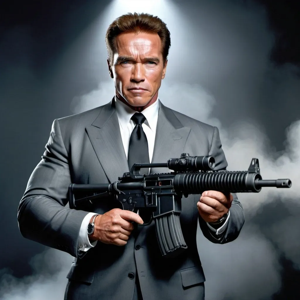 Prompt: Arnold Schwarzenegger concept,terminator, in a grey suit, holding a heavy black machine gun, war zone background, vietnam, studio lighting 