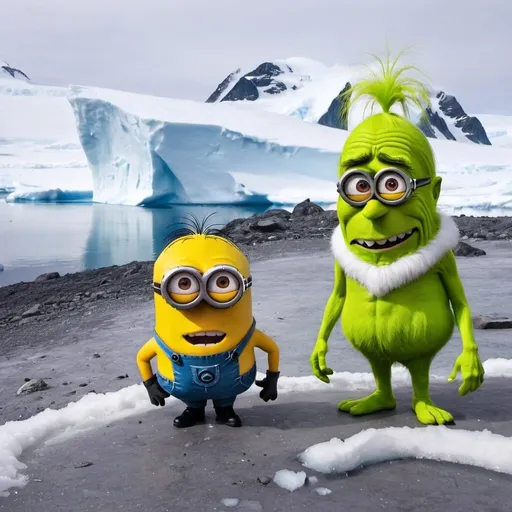 Prompt: a minion and grinch conversing in antarctica