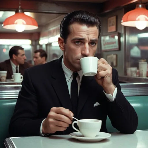 Prompt: Cinematic medium, crime film, a man wearing a black suit in a New York diner drinking coffee, 1960s aesthetic