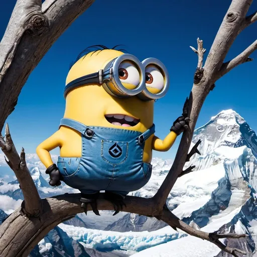 Prompt: a minion sitting on a tree branch in mount everest