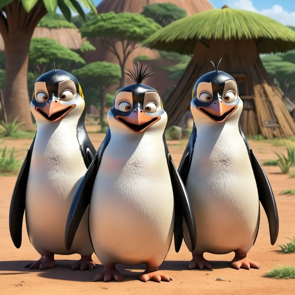 Prompt: the penguins of madagascar in the savana in africa