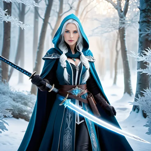 Prompt: Beautiful female Eladrin warlock with katana, white hair, pale face, striking blue eyes, winter theme, highres, detailed, full body distance view, magical energy around right hand, fantasy, cool tones, ethereal lighting, icy landscape, icy blue and silver color palette, flowing cloak, intense and focused gaze, magical aura, snow-covered forest glade scene, frosty breath, intricate details, mystical, sharp features, intricate design, professional