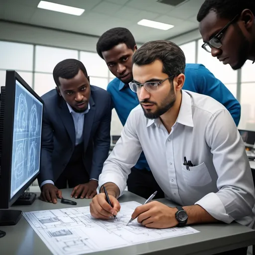 Prompt: An Iranian engineer teaching a group of Nigerian engineers, photorealistic, detailed facial expressions and attentive poses, bright and professional atmosphere, modern high-tech workspace, advanced engineering diagrams and tools, warm and inviting lighting, dynamic interaction, ultra-detailed background with computer screens and machinery, diverse emotions from engagement to curiosity, high-resolution, cinematic color depth, highly detailed, 4K quality.