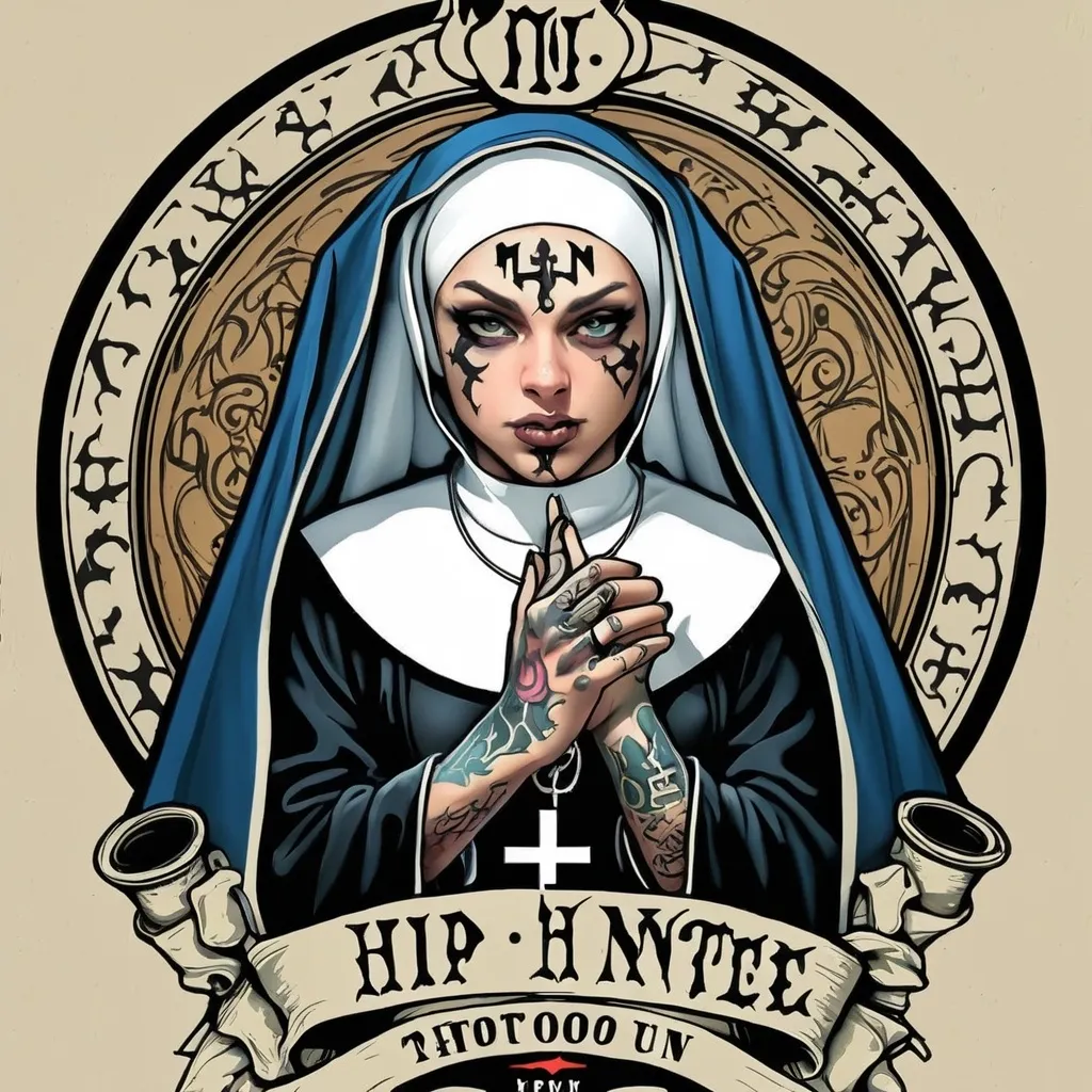 Prompt: hip hop tattooed nun logo