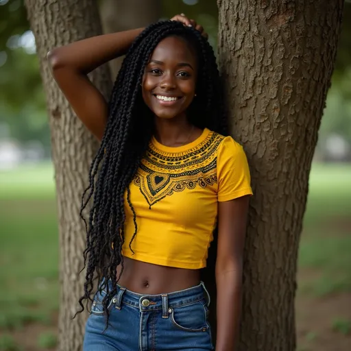 Prompt: A live-action scene of a woman, age 22, with dark black skin like the color of coal, midnight black hair that is done in a long beaded hairstyle and dark hazel eyes. She is wearing tight form-fitting jeans and a form-fitting yellow T-shirt with African tribal designs on it and sneakers. She is leaning against a tree with one arm above her touching the tree with a bright smile.