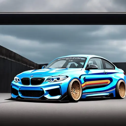 Prompt: A realistic rendering of a laguna seca blue bmw m235i with a very wide wide body kit