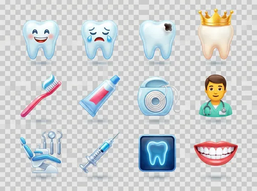 Prompt: Ultra-detailed dentistry emoji pack, modern 3D emoji style, Apple-quality design, glossy material, soft shadows, studio lighting, vibrant colors, transparent background. Include: happy tooth, sad tooth, tooth with cavity, tooth with crown, toothbrush, toothpaste, dental floss, dentist character, dental chair, dental tools, dental syringe, dental x-ray, perfect smile. Cute, friendly, professional, centered composition, no text, 4K resolution, isolated, PNG, transparent background.