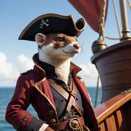 Prompt: In the art style of the redwall book series: a stoat pirate aboard a ship with an eyepatch and wide-brimmed hat with a feather. He wears a long flamboyant coat with garish buttons. A shining scimitar rests on his hip. A jagged scar can be seen down the right side of his face. The photo perspective shows his entire figure as he looks out on the sea