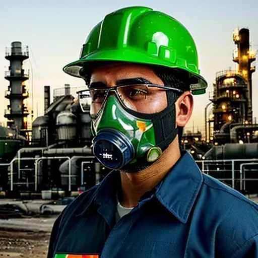 Prompt: An oil engineer stands in an oil refinery wearing blue work clothes with a gas testing device, an oil refinery logo, and the Iraqi flag. He wears a green helmet with a black whistle on one side, a head lamp on the front, and occupational health and safety stickers. He wears a toxic gas mask on his face.  Black work glasses