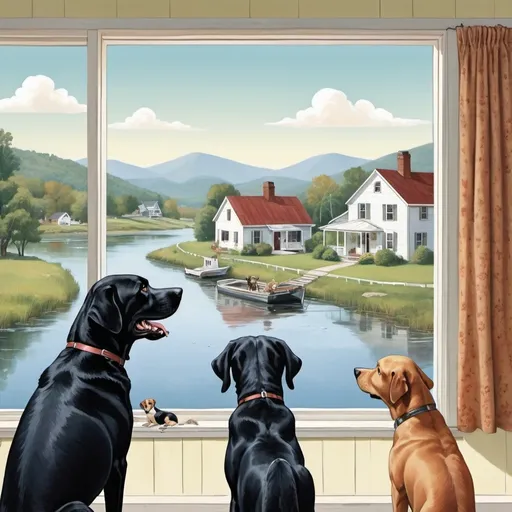 Prompt: large black lab nose pressed against glass looking at a house across a river show back of head only in center and river and house more clearly. you can also see 2 large dogs standing behind her. make it more cartooney more homey 1950s cartoon al 3 dogs are in the same house. all 3 dogs are IN the house looking out. large black lab in center. green mountains in distance river is smaller and more narrow and there are colonial farmhouses. one dog is a brown spotted hound and one lab is older and smiles. the three dogs are inside a house looking out a window, 2 are black. the brown dog has white spots





