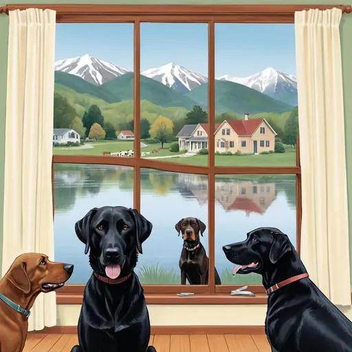 Prompt: large black lab nose pressed against glass looking at a house across a river show back of head only in center and river and house more clearly. you can also see 2 large dogs standing behind her. make it more cartooney more homey 1950s cartoon al 3 dogs are in the same house. all 3 dogs are IN the house looking out. large black lab in center. green mountains in distance river is smaller and more narrow and there are colonial farmhouses. one dog is a brown spotted hound and one lab is older and smiles. the three dogs are inside a house looking out a window, 2 are black. the brown dog has white spots. the 3 dogs in the house are black and the other one is a catahoula. the large black dog is looking over his shoulder at the camera. no. there are 2 labs. they are all sitting. one lab is smiling an looking at the camera.
there is also a brown hound with them. put all three dogs behinf the glass looking out. only 3 dogs windowpane window and it is a small river. the mountains should be greener




