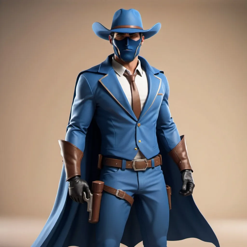 Prompt: Create superhero who has cowboy type blue suit with face covered and a gun and gloves and full body