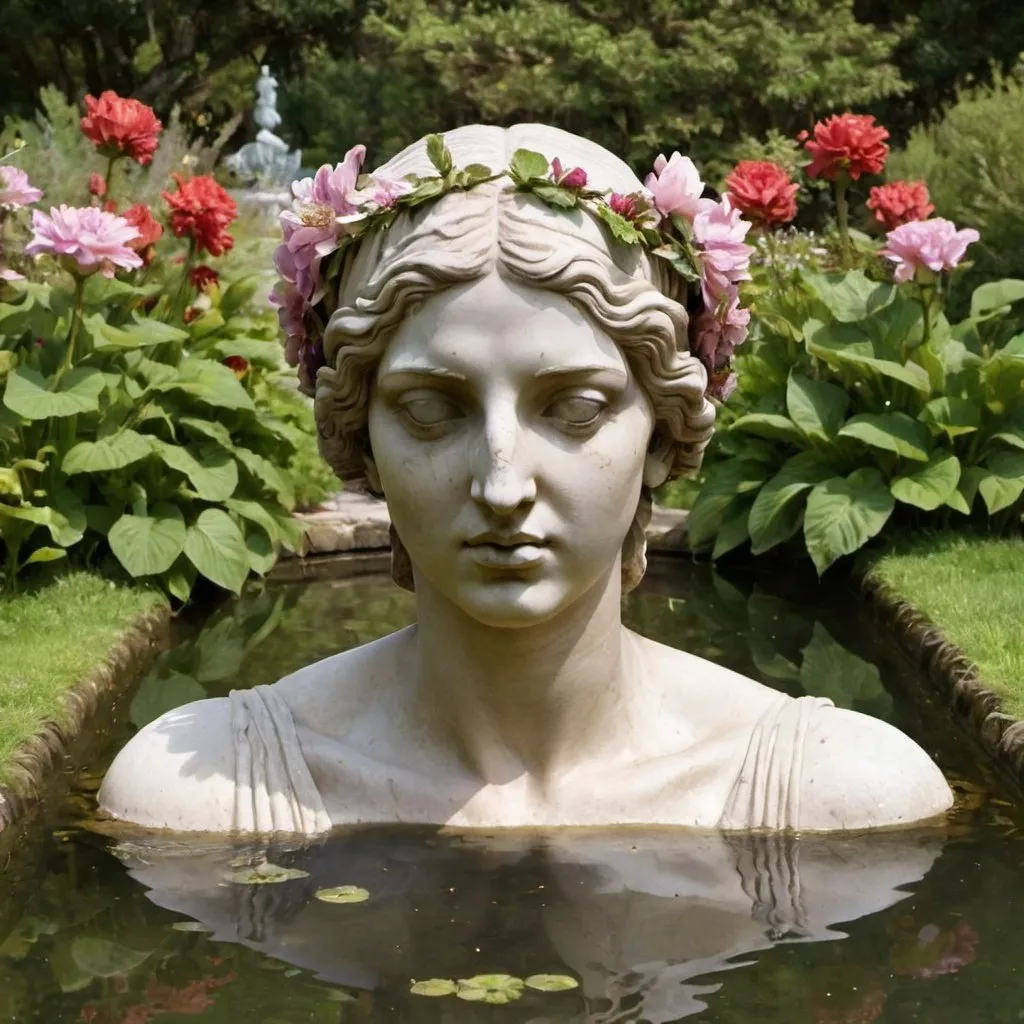 Prompt: Greek statue of a woman’s head and upper body in a  pond in a garden with flowers all around it. 