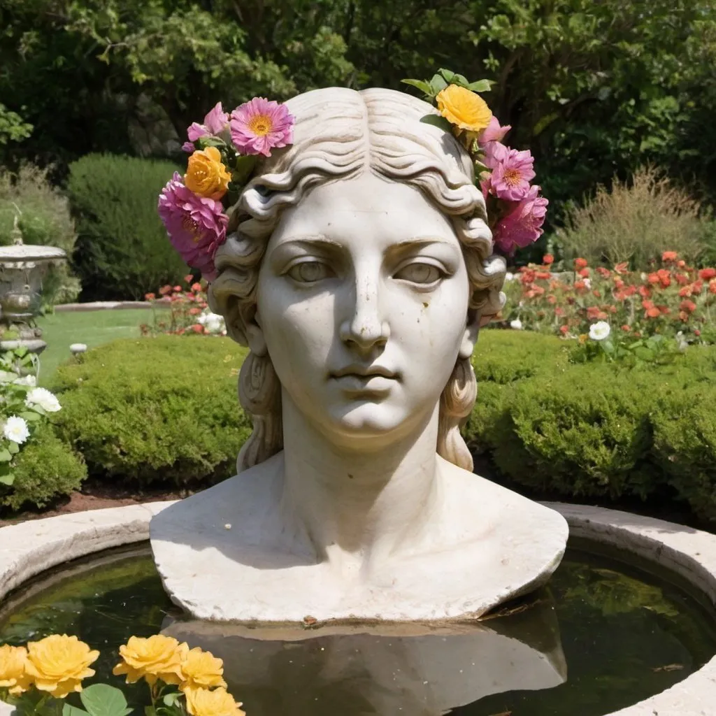 Prompt: Greek statue of a woman’s head and upper body in a  pond in a garden with flowers all around it. 