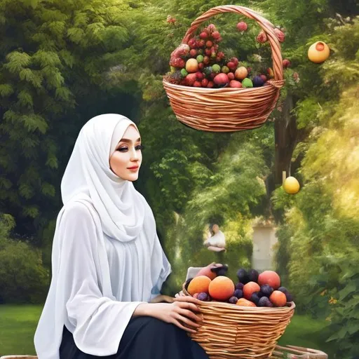 Prompt: photography, painting, illustration, sculpture, Artwork, paperwork, 3d, "--ar 16:9", on hijab, beautiful woman in the garden, sitting carrying a fruit basket 