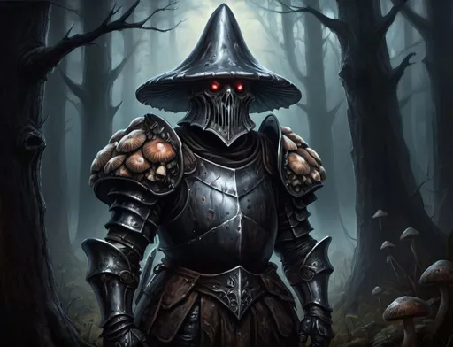 Prompt: Dark fantasy illustration of a menacing mushroom knight, mysterious and eerie lighting, sinister and shadowy atmosphere, highly detailed, oil painting, dark hues, fantasy, mysterious, menacing, intricate armor, intense gaze, haunted forest backdrop, ominous presence, high quality, dark fantasy, eerie lighting, detailed armor, professional, atmospheric