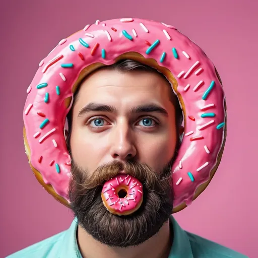 Prompt: male figure with a beard, (head shaped like a pink doughnut), whimsical, surreal, vibrant colors, playful atmosphere, fun and quirky details, glossy glaze on doughnut, soft focus background, contrasting elements, intriguing features, ultra-detailed, high quality, eye-catching composition.