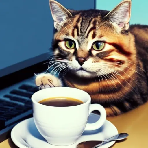 Prompt: Cat with a cup of coffe and on a computer bottom text says ‘mondays’