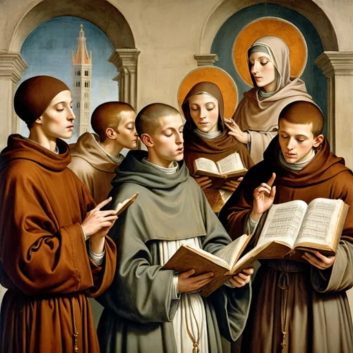 Prompt: A monk singingin a Fresco by Italian renaissance master.Object located in Firenze.
A stylish poster, for a banner, to promote a course of Gregorian Chant to be held in the parish, with the intention of forming a Church choir. A closeup of two  young franciscan monks and two nuns, the monks at the right, the nuns at the leflt, singing with great spirituality and devotion and reading ornated gregorian sheet music, in a art-nouveau style of graphic posters painted for art magazines in 1930. The text should be in Spanish, "Curso de Canto Gregoriano" in the header, and "Parroquia San Eduardo" in the footer. In the style of Rene Magritte