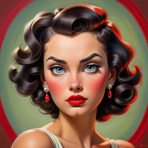 Prompt: Pin-up portrait, classic oil painting, vibrant and retro colors, vintage hairstyle, red lipstick, detailed facial features, traditional art technique, high quality, classic, vibrant colors, traditional style, detailed brushwork, professional lighting