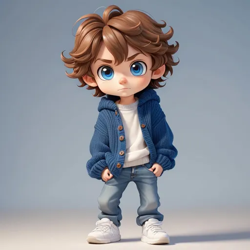 Prompt: chibi, 1boy, wavy brown hair, blue eyes, oversized sweater, blue jeans, white sneakers