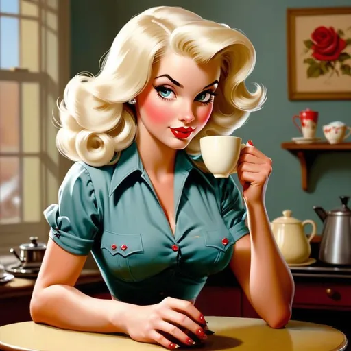 Prompt: Gil Elvgren pin-up girl, platinum blonde hair, one hand flat on the table