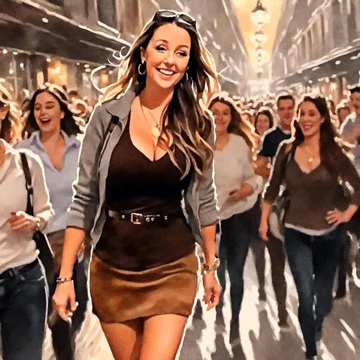 Prompt: <mymodel> Walking into crowded nightcub. Nightclub dancers. Watercolor painting of a tall, slender Caucasian woman in spotlight, UHD flirty face, long light brown straight hair, big brow eyes, striking makeup, wearing a very short fitted brown ribbed corduroy miniskirt with brass buttons with two bottom buttons unfastened and a matching brown ribbed corduroy vest which is open revealing a blouse. Tights.